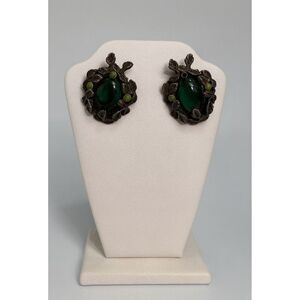 80s Vintage Womens Silver Tone Emerald Green Leafy Garden Clip On Earrings Retro
